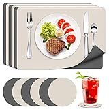 innislink Tischset Leder, 6er Platzsets Abwaschbar mit Untersetzer rutschfest Platzdeckchen Doppelseitigen Tischsets, PU Kunstleder Hitzebeständig für Küche Hause Restaurant - 43x30cm, Beige Grau