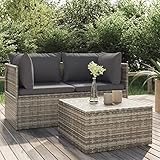 BULANED 3-TLG. Garten-Lounge-Set mit Kissen, Lounge Gartenmöbel Set, Gartenlounge, Balkonmöbel Set, Sitzecke Balkon, Outdoor Möbel, Balkonset Möbel, Grau Poly Rattan