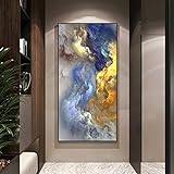 BIEMBI Abstrakte Landschaft, Leinwandgemälde, Wandkunst, nordisches goldenes und blaues Wolkennebel-Poster, Drucke, Fantasiebild, fertig zum Aufhängen, 70 x 140 cm, mit Rahmen