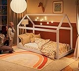 Alcube® Hausbett 160x80 im Montessori Stil für Kleinkinder mit Matratze, Lattenrost und Dach für Mädchen und Jungen - Kinderbett 80x160 Bodentief aus massivem Kiefernholz - Bett in Weiß
