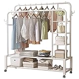 Kleiderständer auf Rollen, stabiler Garderobenständer mit 2 Kleiderstangen, 4 Haken und 5 Einlegeböden, Rollgarderobe Garderobenwagen, belastbar bis 100kg 150x50x162cm