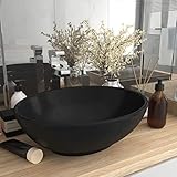 JUNZAI Luxuriöses Ovales Waschbecken, Aufsatzwaschbecken, Bathroom Sink, Waschtisch, Ablaufgarnitur, Aufsatzbecken, Matt Schwarz 40x33 cm Keramik