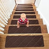 YISUN Treppenmatten Non Slip 15Pcs, Treppenstufen Matten Selbstklebend, Treppenteppich Braun Rechteckig, außen innen Sicherheits-Treppenvorleger für Kinder, ältere Menschen und Haustiere, 20 * 65 cm