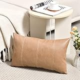 Fancy Homi Tan Long Lumbar Waterproof Faux Leather Decorative Throw Pillow Covers 14x24 Inch for Living Room Couch Bed, Beige Hand Stitched Cushion Case 35x60 cm, Taupe Modern Farmhouse Home Decor