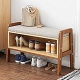 Massivholz-Schuhaufbewahrungsbank,Moderner Eingangsbereich Schuhbank Schuhaufbewahrung Organizer,Leinen Gepolsterte Sitzbank,Offener Schuhschrank Schuhregal Bench-B 65x45x30cm(26x18x12inch)