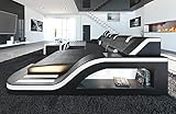 Ledersofa Palermo L Form Sofa - mit LED Beleuchtung, verstellbare Kopfstützen, Recamiere/Lederfarben wählbar/Ausrichtung wählbar (Ottomane rechts, Schwarz-Weiß)