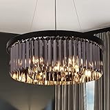 Wellmet Kristall Kronleuchter Modern Kristallleuchter luxus Pendelleuchter Esstisch Hängeleuchte Schwarz 6-Licht Ø55cm Lüster Wohnzimmer Glas Deckenleuchte Rund Crystal Schlafzimmerlampe Rauchgrau