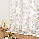 Transparent Gardinen Taupe Blätter Voile Gardinen mit Ösen Leinenoptik Transparent Vorhänge Muster Durchsichtige Vorhänge für Dekoration Wohnzimmer Schlafzimmer Kinderzimmer,2 Stücke(140 x 245 cm)