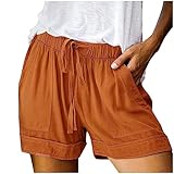 PTLLEND Damen Shorts Sommer Mode Lässige Musselin Hose mit hoher Taille Gerades Bein Sport Lässige Lockere Shorts mit Kordelzug Kurze Hose mit Taschen Gummiband Freizeit Shorts Elastische Stoffhose