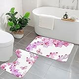 OUSIKA Badezimmer-Teppich-Set mit rosa Blumen und Schmetterlingen, 2-teilig, weich, U-Kontur, WC-Vorleger und Badematte, saugfähig, rutschfeste Badematte