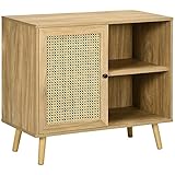 HOMCOM Sideboard Küchenschrank mit Tür, 2 Offenen Fächern, Aufbewahrungsschrank mit Verstellbarer Ablage, Kippschutz für Wohnzimmer Natur Kiefernholz 80 x 39 x 70 cm