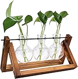 WUWEOT Hydroponik Glasvase mit Holz Halter Plant Terrarium Birne Vase Dekovase mit Vintage Holzständer Hydroponik Propagation Station Hängevase Glasvase Tischvase für Haus Büro Garten (3 Vase)