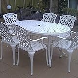 Lazy Susan - June 150 x 95 cm Ovaler Gartentisch mit 6 Stühlen - Gartenmöbel Set aus Metall, Weiß (Rose Stühle, Grüne Kissen)