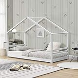 Kinderbett mit Lattenrost und Gitter 90 x 200 cm Hausbett Holz Weiß Bettenhaus Bett Jugendbett