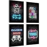 mojoliving Gaming Zimmer Deko Bilder | Poster Wand für Gamer Jugendzimmer | Set mit Neon Sign Motive | Coole Geschenke für Gamer | Zocker Bilder Wand | Neon Wandbild