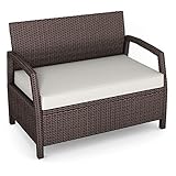 COSTWAY Gartensofa Rattan, Rattansofa 2 Sitzer, Gartenbank mit Sitzkissen 10 cm Stärke, Garten Lounge Gartenmöbel, 108 x 84 x 64 cm