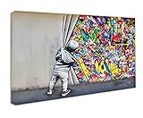 Wandbilder Bilder Banksy like - Junge hinter dem Vorhang - Wandbild auf Leinwand, hochwertige Streetart graffiti Kunstdruck I Wanddekoration XXl fertig zum Aufhängen (100x150 cm)