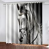 Blickdichte Vorhänge Kinderzimmer 3D Schwarz-Weiß-Kunst Pferd Thermovorhang Kälteschutz Gardinen Mit Ösen Vorhang Wärmeisolierend 140x200 cm Verdunklungsvorhänge Wohnzimmer Schlafzimmer Modern