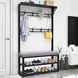 4-in-1 Garderobenständer aus Metall Garderobe mit Sitzbank, Garderobenständer mit Gaderobenhaken und Schuhregal mit Sitzfläche mit 2 Ablagen für Kleidung, Hüte,Schale,Handtaschen