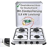 Campingkocher Gaskocher 4-flammig mit Zündsicherung | inkl. Gasschlauch und Gasregler mit 360°-Manometer Gas Füllstandsanzeige und Schlauchbruchsicherung | Propangas Kochfeld 2 3