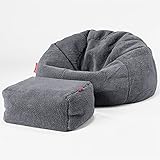 Lounge Pug, Klassischer Sitzsack Sessel mit Hocker, Teddy Kunstfell Dunkelgrau