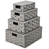 EZOWARE 4er Set Rattankorb aus gewebtem Papierseil mit Deckel, Dekorative Regal Körbe, Aufbewahrungsbox Rattan für Aufbewahrung von Haushaltsgegenständen - Grau