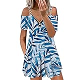 Umumyi Sommerkleid Kurz Sexy Kleid Damen Casual Lockeres Strandkleider Damen Sommer Mode Leichte Frauen Ohe Ärmel Lange Drucken Kleid Bohokleid Damen Langarm Marine,S