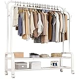 Schwerlast-Kleiderständer auf Rollen, stabile Metallgarderobe mit Rollen und 2 Kleiderstangen, modern, einfach zu montieren, belastbar bis 100kg (mit 2x Aufbewahrungstaschen, B-120cm).