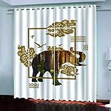 BONDIJ Vorhänge Wohnzimmer Blickdicht Gardinen Verdunkelungsvorhang Schlafzimmer Kinderzimmer Thermovorhang Fensterdekoration 3D Goldener Blumenelefant Muster Ösenschal 2Er Set 214X200cm(HxB)