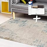 Musterring Teppich Opera Webteppich für Wohnzimmer, Kurzflor Teppich grau-blau rutschfest, flauschig & weich Moderne Muster, 67x130 cm inkl. Teppichreiniger-Set