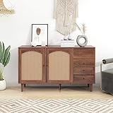 HoZeYo Sideboard 130 x 75.5 x 40 cm, Breite 130 cm, Kommoden Mit Rattan Einsatz, Sideboard mit DREI Türen und Zwei unregelmäßigen Schubladen-Rattan