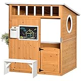 Outsunny Spielhaus für Kinder Outdoor Kinderspielhaus Gartenspielhaus mit Fenster Briefkasten Holzspielhaus mit Blumentopfrack für 3-8 Jahre Tannenholz Gelb 122 x 108 x 135,5 cm