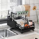 bukfen Abtropfgestell (41,4 x 29 x 27,4 cm), 2-stöckig, keine Installation, multifunktionales Abtropfgestell für Küchentheke, schwarz