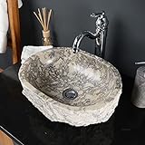 wohnfreuden Marmor Waschbecken grau oval 40 cm - Unikat Stein Aufsatzwaschbecken innen poliert außen gehämmert für das Badezimmer - Naturstein Waschschale für Gäste-WC