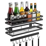 FISHOAKY Gewürzregal Wand Ohne Bohren 2er Set und 1 Küchen Hängeleiste mit 8 Abnehmbaren Haken, küchenregal hängend organizer spice rack Edelstahl Duschablage für Küche Badezimmer Balkon schwarz