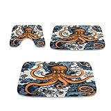TheBlackSpot Orange Octopus Kraken Marine Life Badezimmer Teppiche 20 x 31 Nautische Vintage Blumen Badematte 16 x 24 Sets 3 Stück Memory Foam Anti Rutsch Absorbent Mats U-förmige Contour Duschmatte