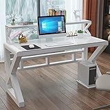 FAANAS Computertisch Home Office Schreibtische mit Bücherregal, Schreibtisch aus gehärtetem Glas Modernes einfaches Arbeitszimmer Schreibtisch/Arbeitsplatz mit stabilem Metallgestell(31 Inch, White)