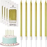 DONQL Geburtstagskerzen Für Torte, 24 Stücke Dünne Lange Golden Geburtstagskerze Mit Haltern Für Geburtstagskerzen Kinder & Erwachsene Für Dekorative Geburtstagstorte, Babyparty, Mädchenparty (Golden)