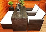 Ragnarök-Möbeldesign PolyRattan - DEUTSCHE Marke - EIGENE Produktion - 8 Jahre GARANTIE auf UV Besträndigkeit - Garten Möbel Glas und Polster Tisch mit 2 Stühlen & 2 Hocker 6 Polster Balkon Set Braun