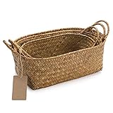 Rattan Regalkörbe Aufbewahrungskorb aus Seegras mit Griff Regalkörbe Natürliches Gewebt Oval 3 Stück (Groß + Mittel + Klein)