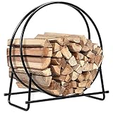 COSTWAY Kaminholzregal Metall, Brennholzregal belastbar bis 50kg, Feuerholzregal Holzscheitregal, Holzstapelhalter mit Sockel & Griffen, Kaminholzständer für Innen- und Außenbereich (76,5x36x81,5cm)