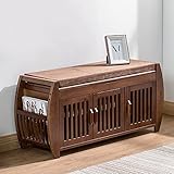 Massivholz-Schuhaufbewahrungsbank mit Zeitschriftenhalter, rustikale Schuhregalbank, Schuhschrank, Schuhorganisator, Eingangsbereich, Schuhbank mit Leinenpolsterung, Braun 102 x 46,5 x 32 cm