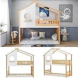 Haus-Etagenbett Twin Over Twin Size, Hausbett aus Holz mit Treppe, niedriges Etagenbett mit Dach, Fenster, Geländer für Mädchen, Jungen, einfach zu montieren, natürliches Bett und weißes Fenster