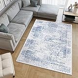 TAPISO Sky Teppich Kurzflor Modern Creme Blau Ornament Meliert Design Vintage Wohnzimmer Schlafzimmer 3D Effekt ÖKOTEX 80 x 150 cm