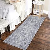 LuxFocus Vintage Läuferteppich Oriental Teppich rutschfest Blumenmuster Teppich Läufer für Flur Waschbarer Faltbarer Küchenläufer im Used Look 60x230 cm Grau