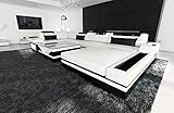 Sofa Wohnlandschaft Mezzo U Form Ledersofa - mit LED Beleuchtung, verstellbare Kopfstützen, Recamiere/Lederfarben wählbar/Ausrichtung Ottomane wählbar (Ottomane rechts, Weiß-Schwarz)