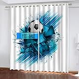 Zifarm Blickdicht Vorhänge Fußball mit ösen 2er Set Jungen Mädchen Teenager Blau Fußball 3D Schattierung Vorhänge Mikrofaser Gardinen Fenstervorhang Jugendzimmer 140x160 cm(BxH)