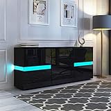 Sideboard Schrank Modern Wohnzimmer Anrichte Möbel 2 Türen 4 Schubladen Hochglanz TV Lowboard mit LED Licht 177x35x72cm - Schwarz