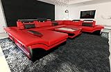 Wohnlandschaft Enzo XXL Sofa U Form Leder - mit LED Beleuchtung, verstellbare Kopfstützen, Recamiere/Lederfarben wählbar/Ausrichtung Ottomane wählbar (Ottomane Links, Rot-Schwarz)