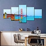 ZIORO Wanddeko Wohnzimmer drucke gemälde Leinwand Sunny Golden Gate Bridge 5 Teilige Wand Bilder Gemälde Home Mordern Dekoration (Kein Rahmen)